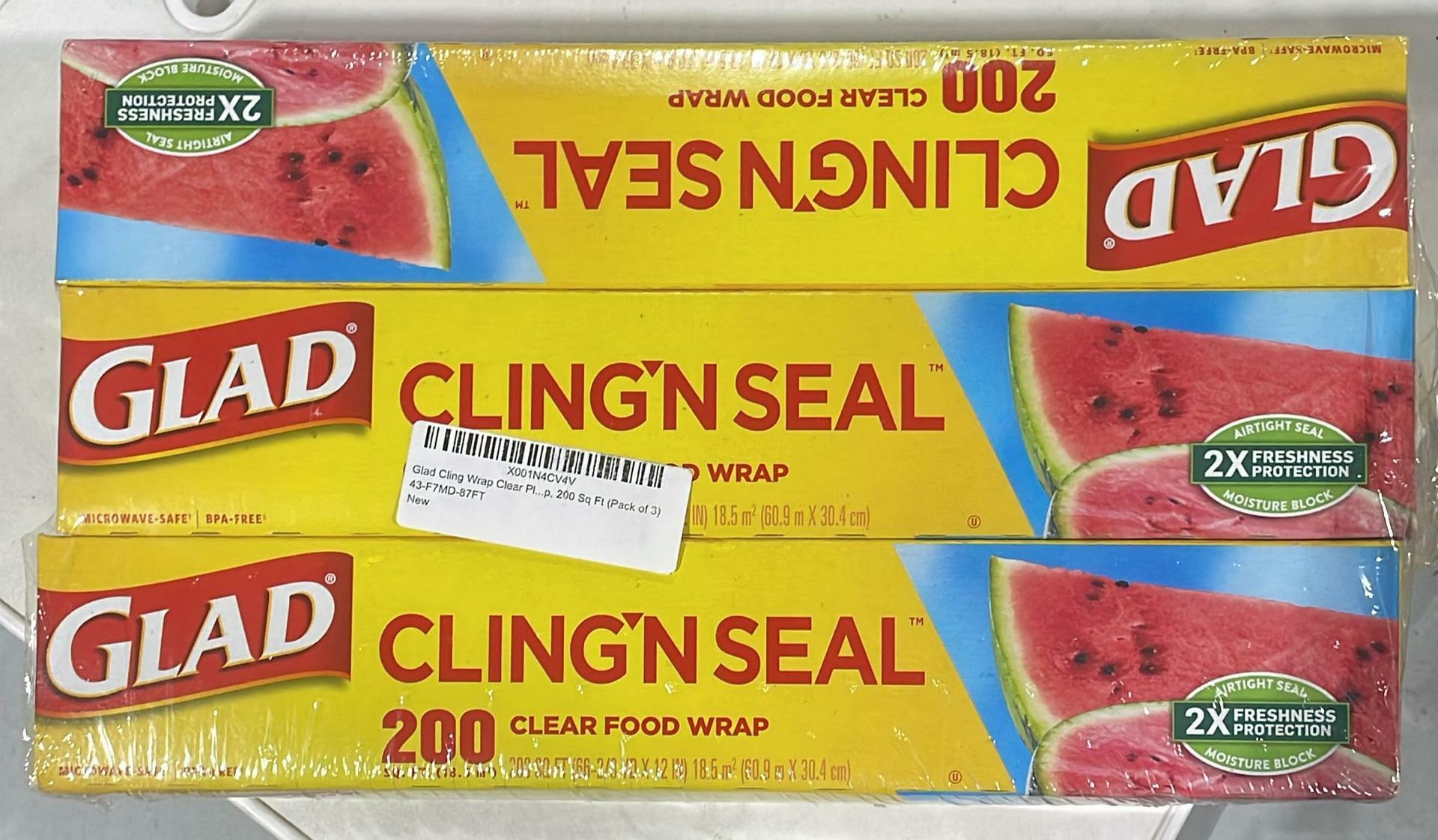 Pack of 3 Glad Cling Wrap Clear Plastic Wrap, 200 Sq Ft