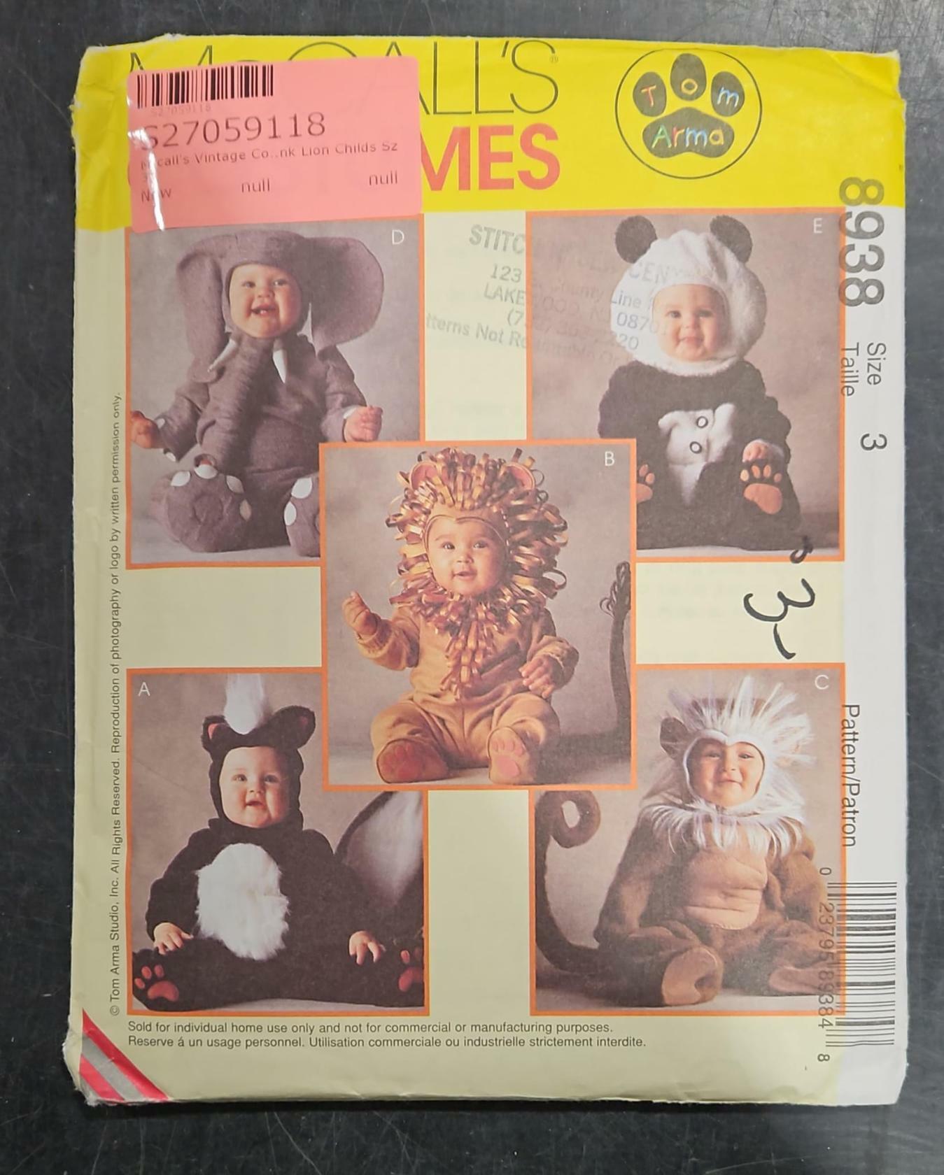 Mccall's Vintage Costume Pattern 8938 Elephant Panda Skunk Lion Childs Sz 3