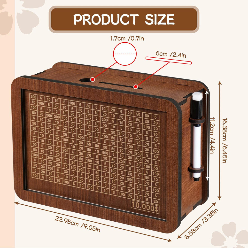 Wooden Money Saving Box for Kids & Adults - Reusable $10,000 Savings Challenge
