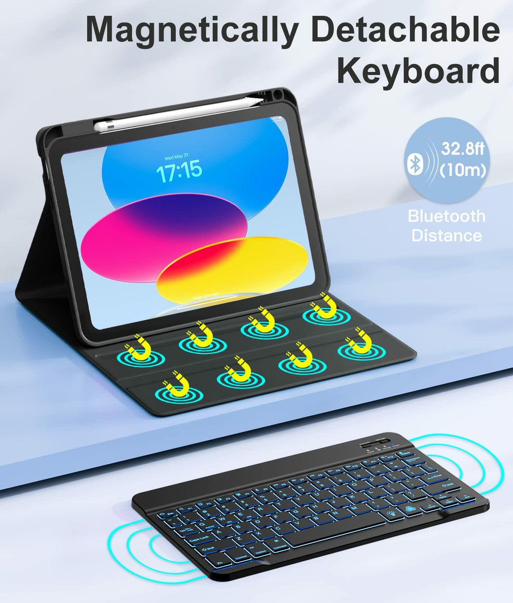 Hamile for iPad 11th 10th Generation Case with Keyboard - 7 Colors Backlit