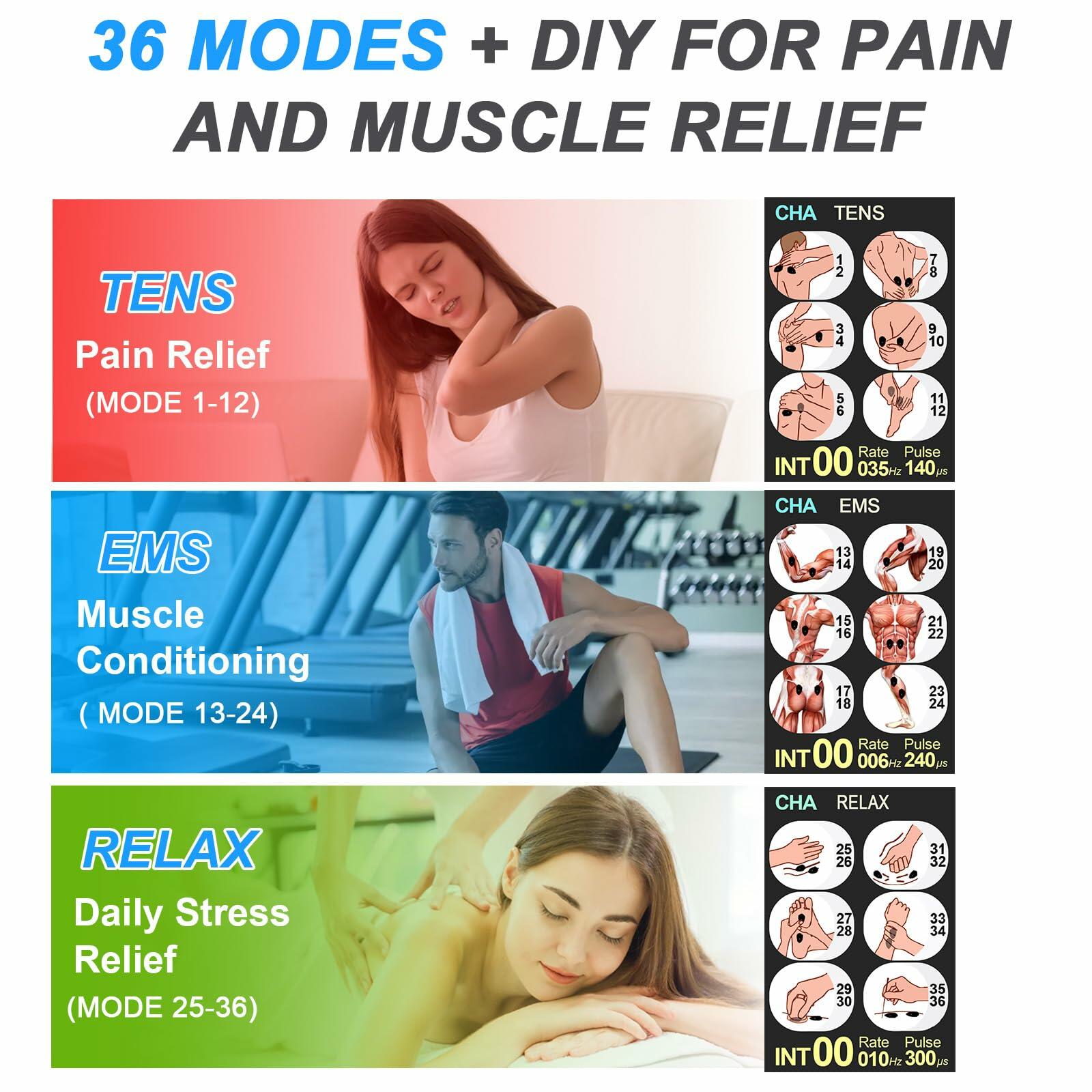 TENS EMS Unit Muscle Stimulator for Pain Relief Therapy - 4 in 1 TENS & EMS &