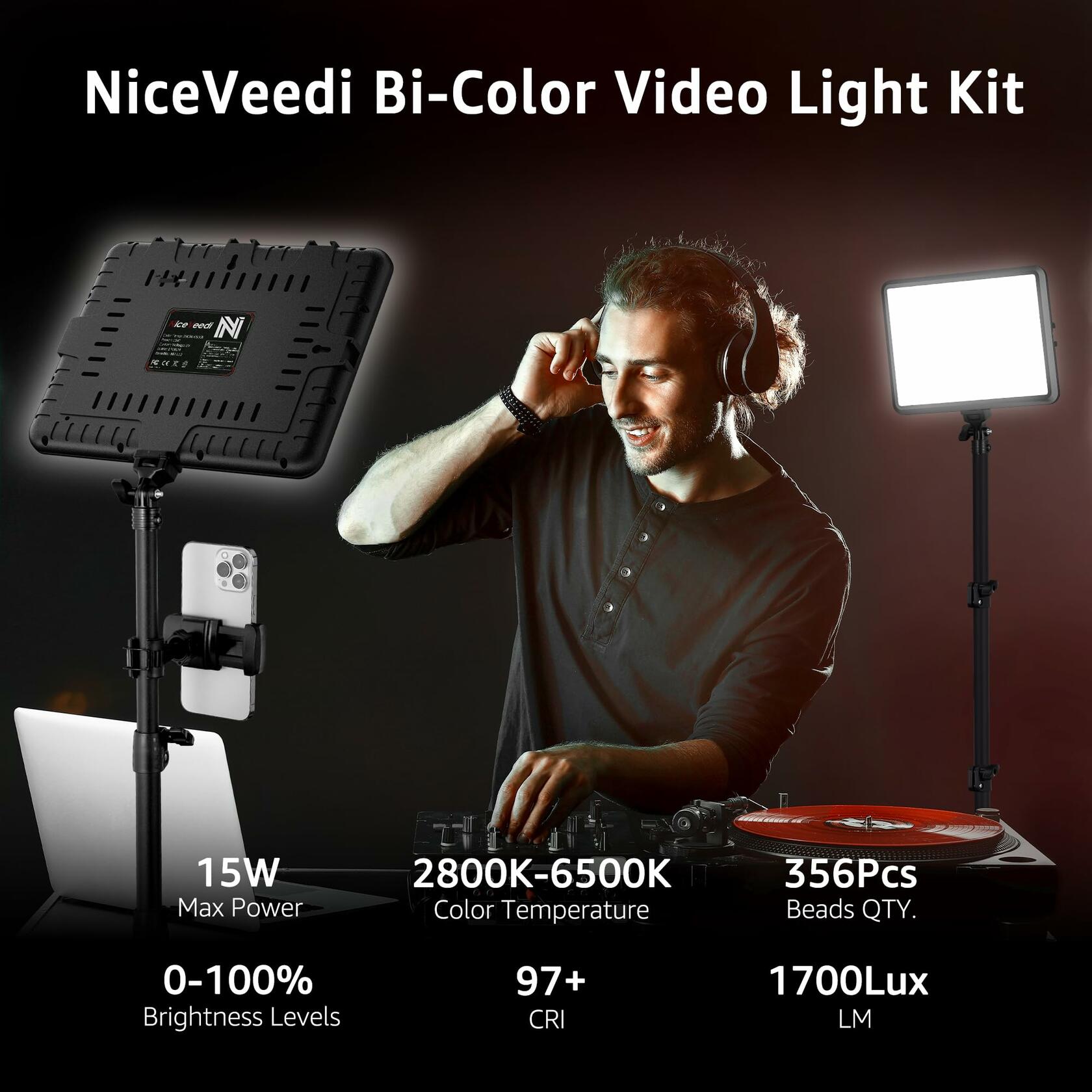 NiceVeedi 1-Pack Photography Lighting Kit, 2800-6500K Bi-Color LED Video Light