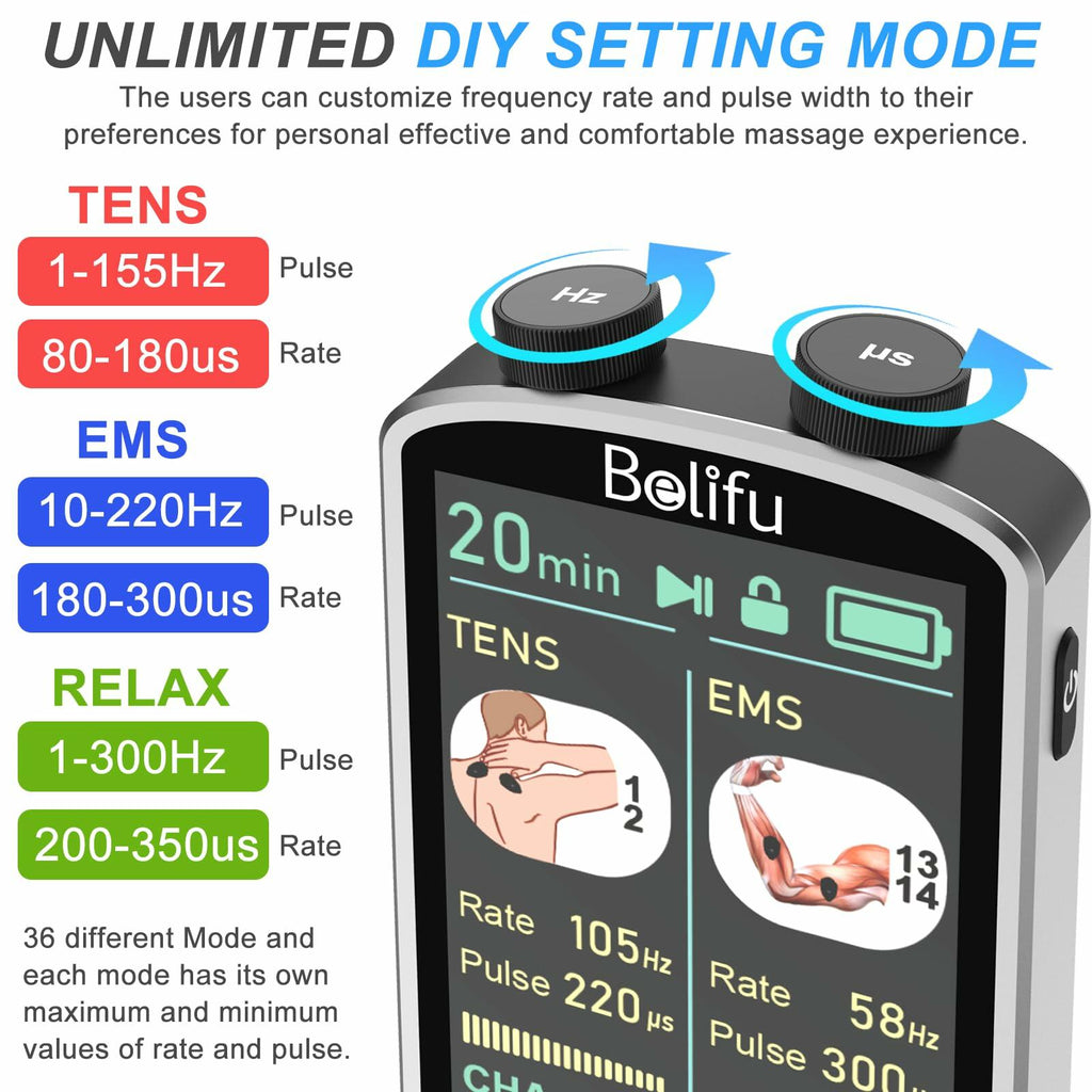 TENS EMS Unit Muscle Stimulator for Pain Relief Therapy - 4 in 1 TENS & EMS &