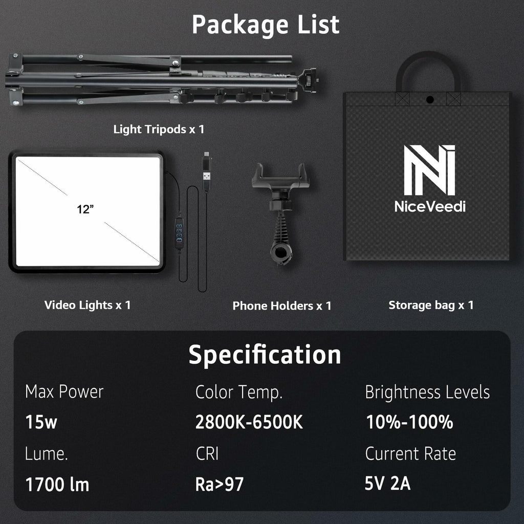 NiceVeedi 1-Pack Photography Lighting Kit, 2800-6500K Bi-Color LED Video Light