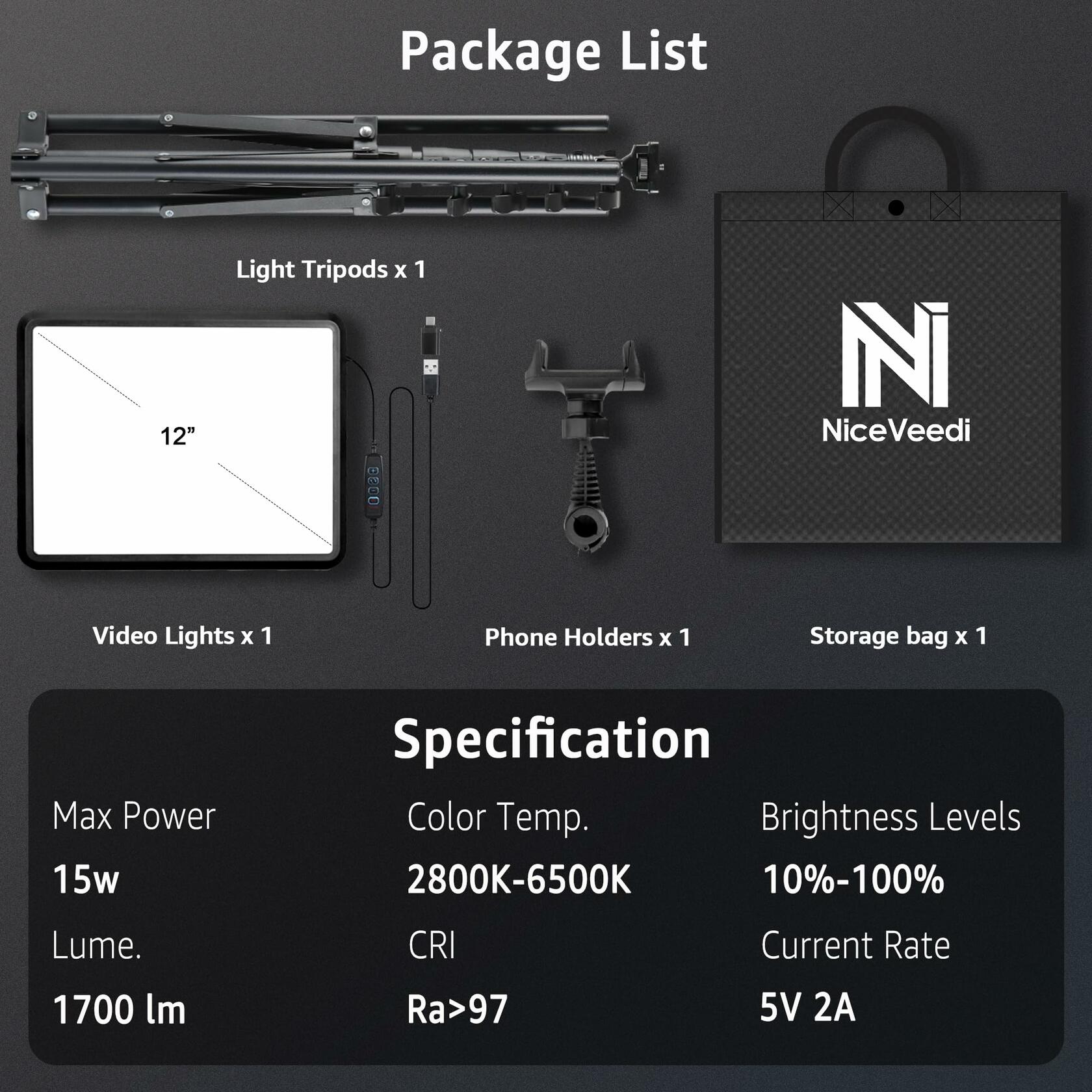 NiceVeedi 1-Pack Photography Lighting Kit, 2800-6500K Bi-Color LED Video Light