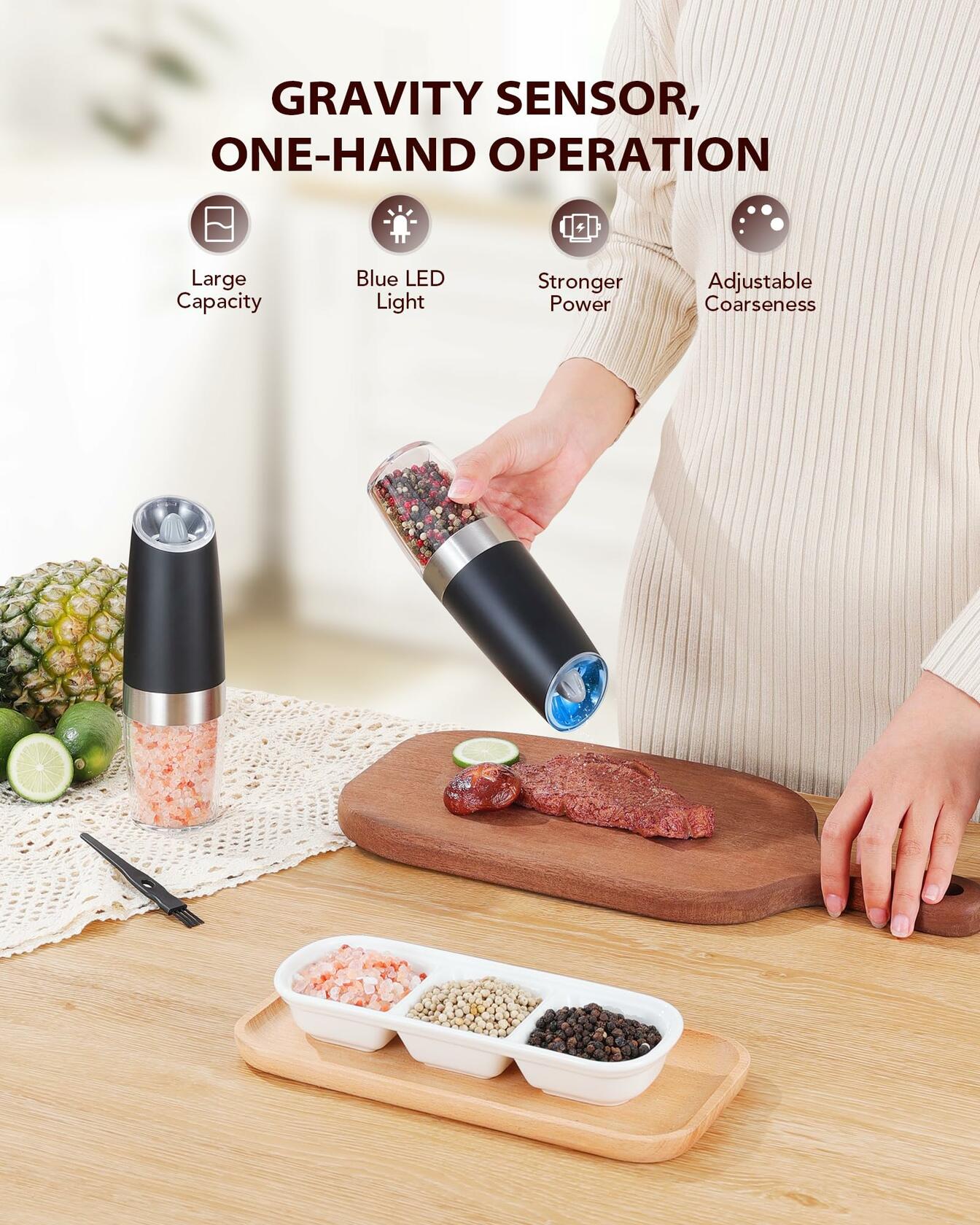 Sangcon Gravity Electric Salt and Pepper Grinder Set Automatic Shakers Mill