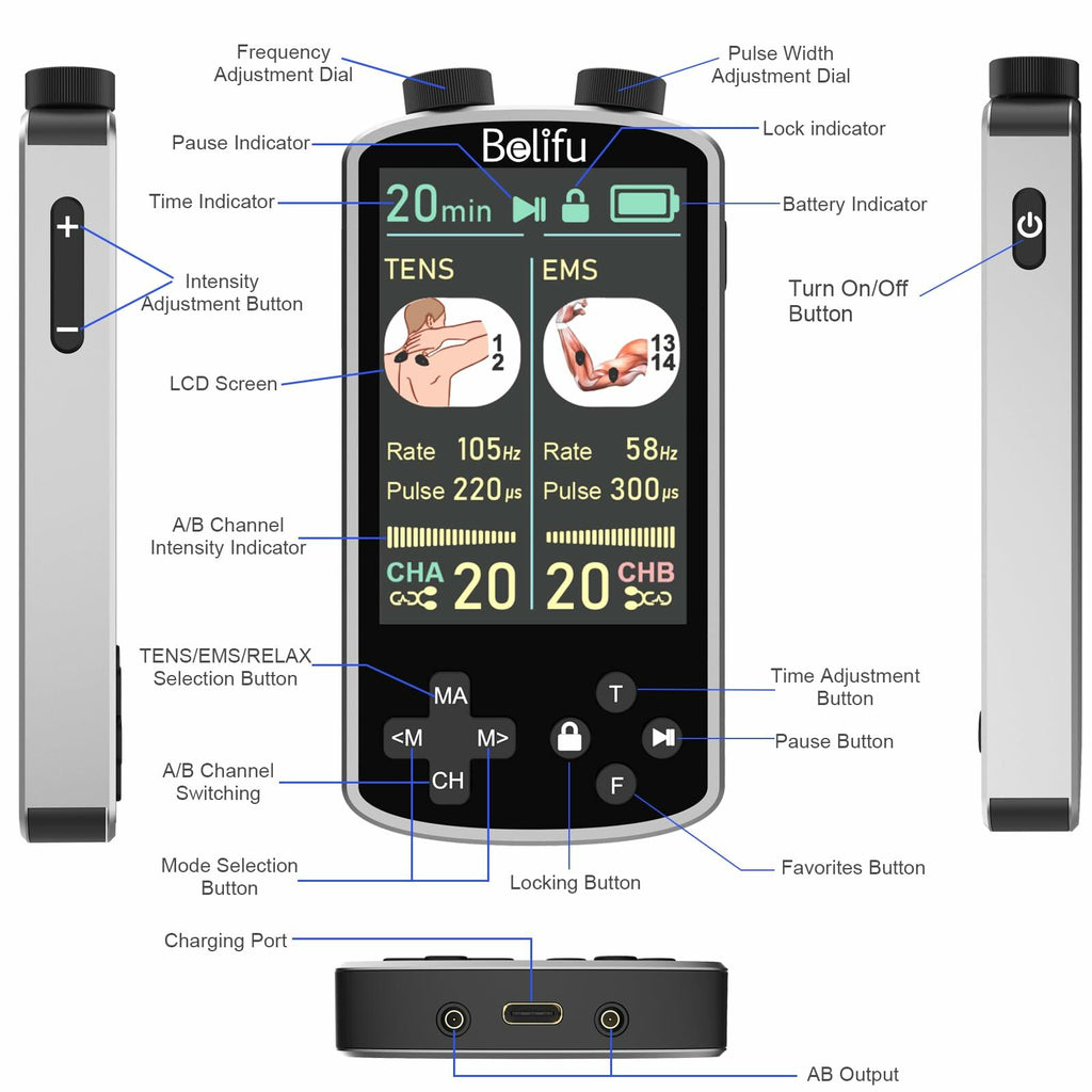 TENS EMS Unit Muscle Stimulator for Pain Relief Therapy - 4 in 1 TENS & EMS &