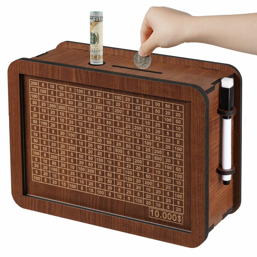 Wooden Money Saving Box for Kids & Adults - Reusable $10,000 Savings Challenge