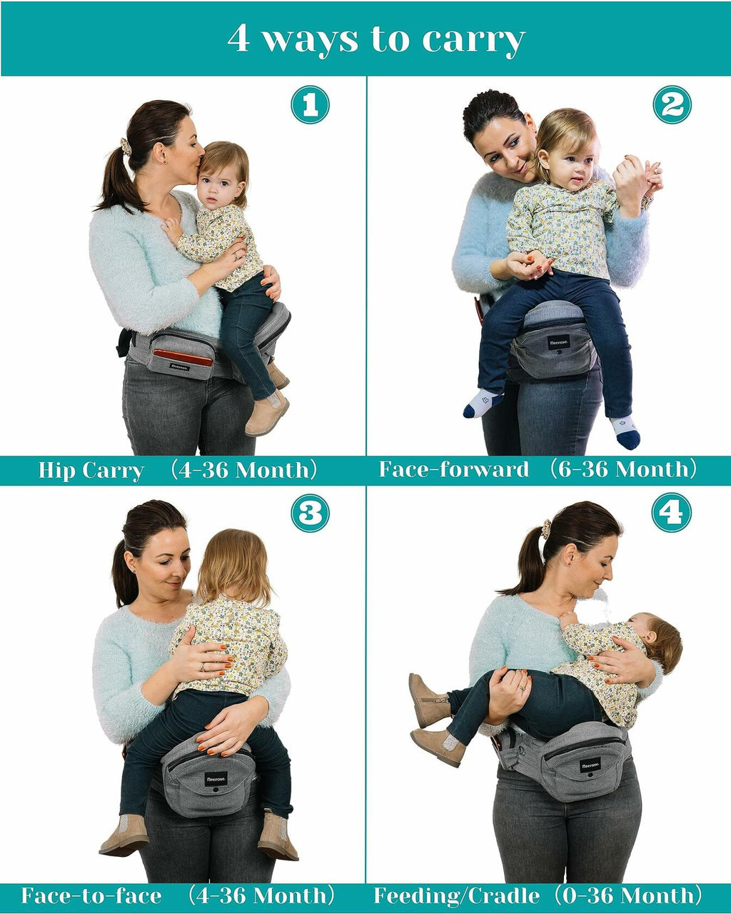 FLEEROSE - CPC-Certified Hip Seat Baby Carrier Grey New Ergonomic Bench Design,