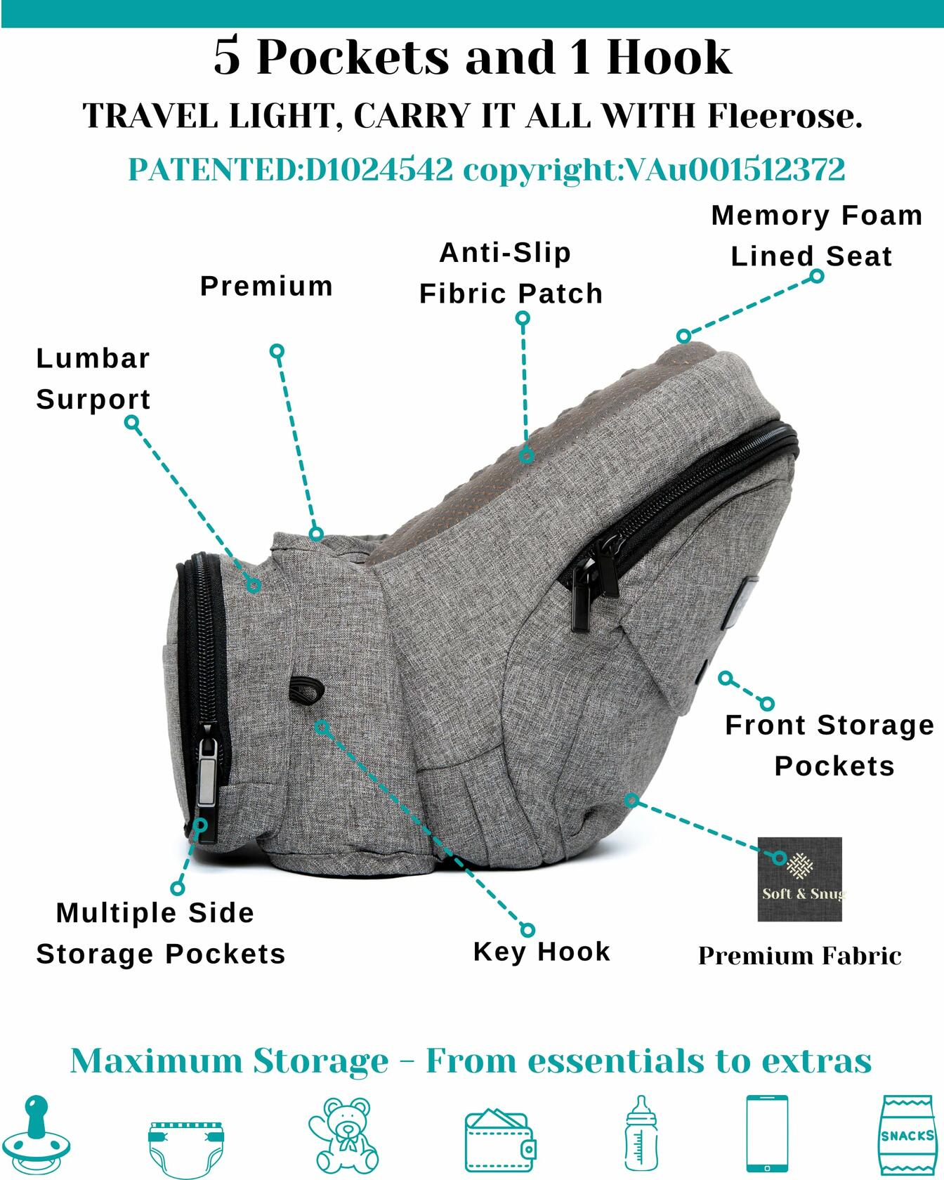 FLEEROSE - CPC-Certified Hip Seat Baby Carrier Grey New Ergonomic Bench Design,