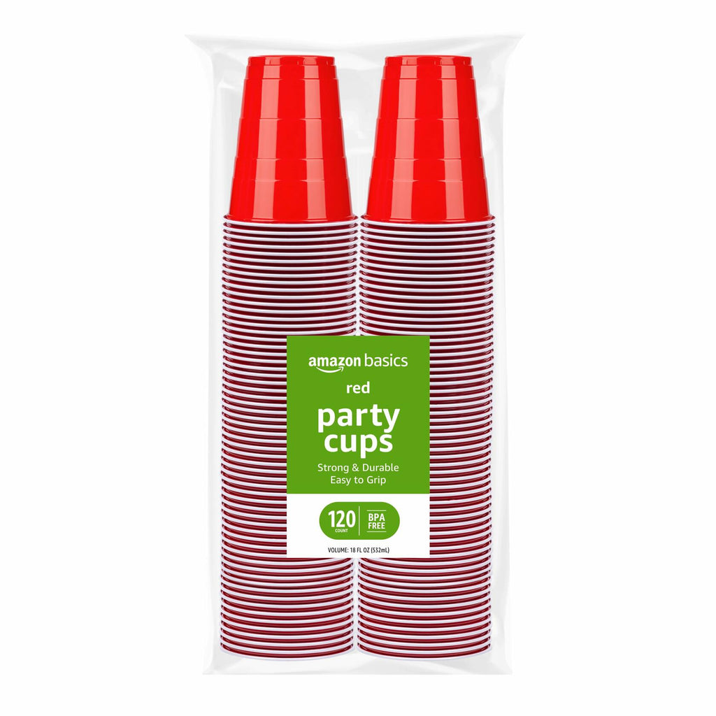 6 Pack Large Amazon Basics Disposable Plastic Party Cups, Red, 18oz, 120 Count