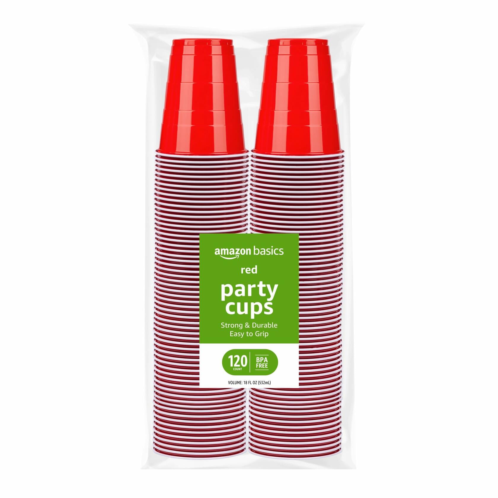 6 Pack Large Amazon Basics Disposable Plastic Party Cups, Red, 18oz, 120 Count