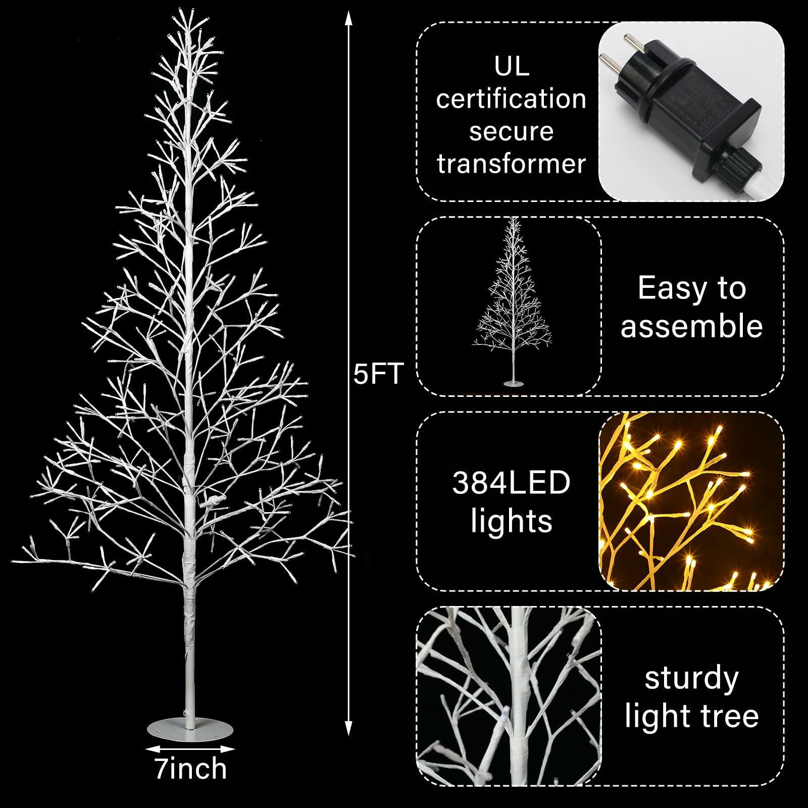 VIHOSE 5 Ft 384 LED Christmas Lighted Birch Trees Christmas Artificial Twig
