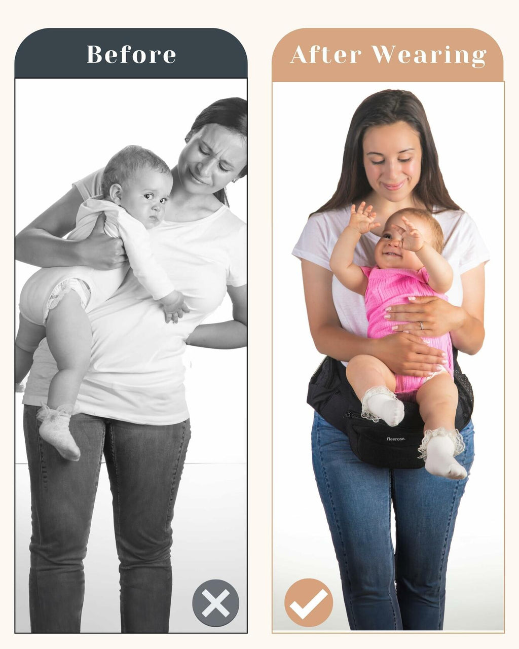 FLEEROSE - CPC-Certified Hip Seat Baby Carrier Grey New Ergonomic Bench Design,