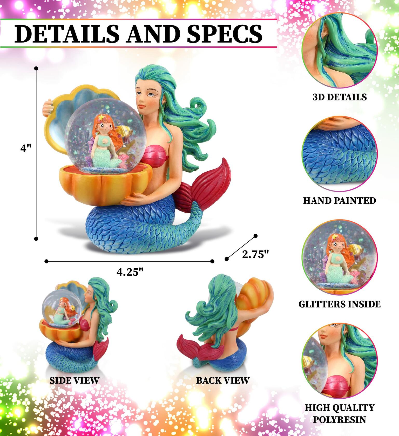 CoTa Global Mermaid Snow Globe - Magical Rainbow Water Globe Figurine with