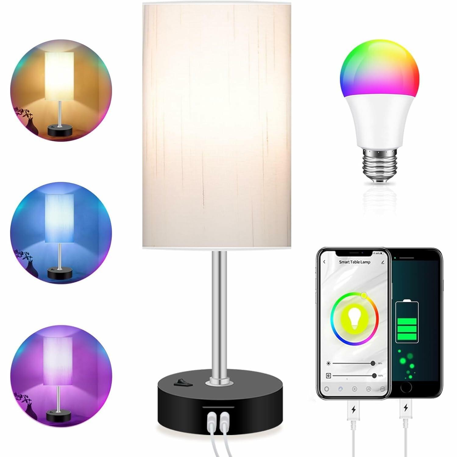 Bedroom Lamp with Smart RGB LED Bulb, Multicolor Changing Table Lamp for Bedroom