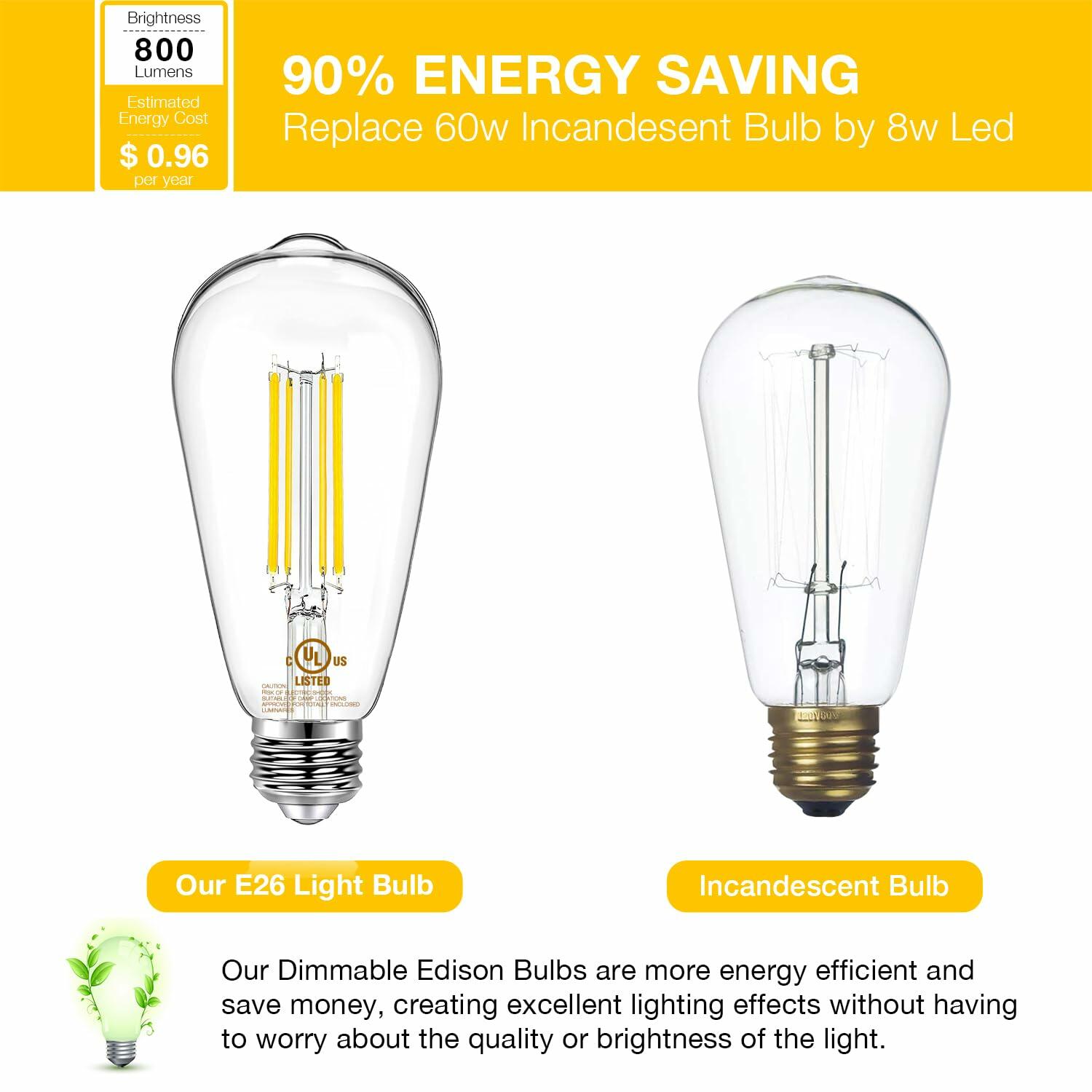 DAYBETTER 4 Pack Vintage LED Edison Bulbs, E26 Led Bulb 60W Equivalent, Dimmable