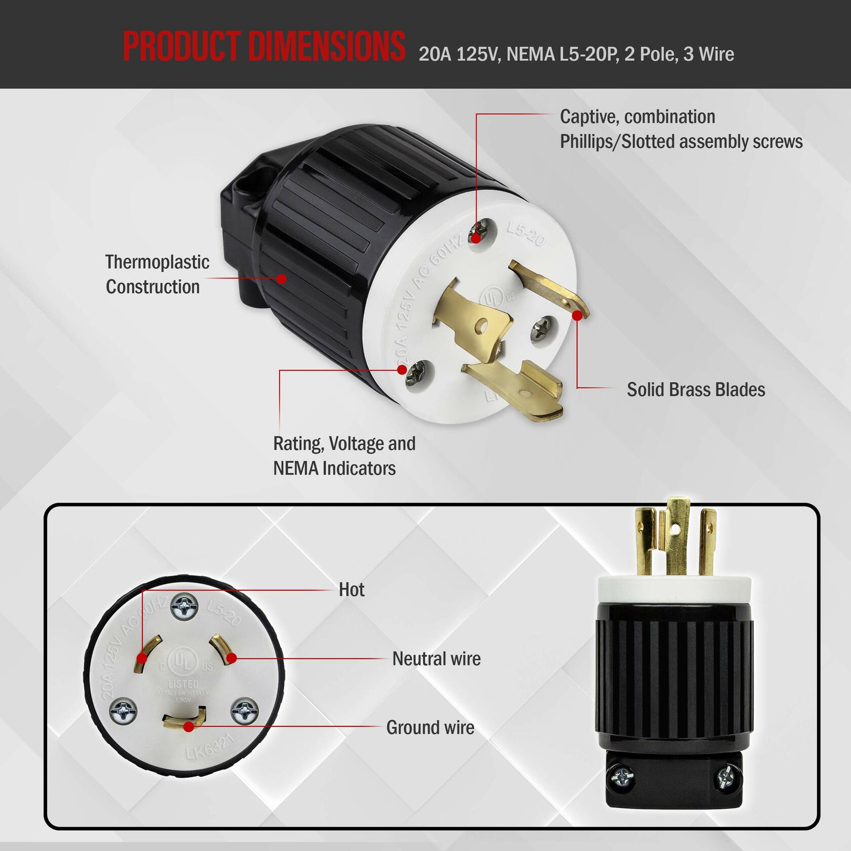 ENERLITES NEMA L5-20P Locking Plug Connector for Generator, Twist Lock Male