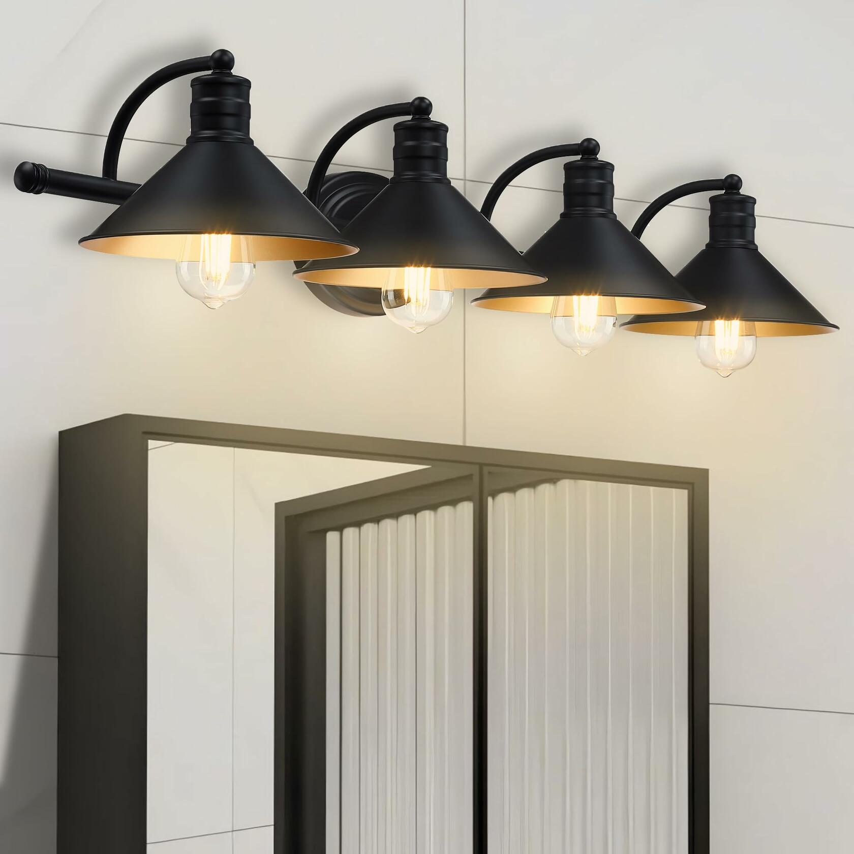 4 Light Bathroom Vanity Light Over Mirror - Black and Gold Farmhouse Wall Light