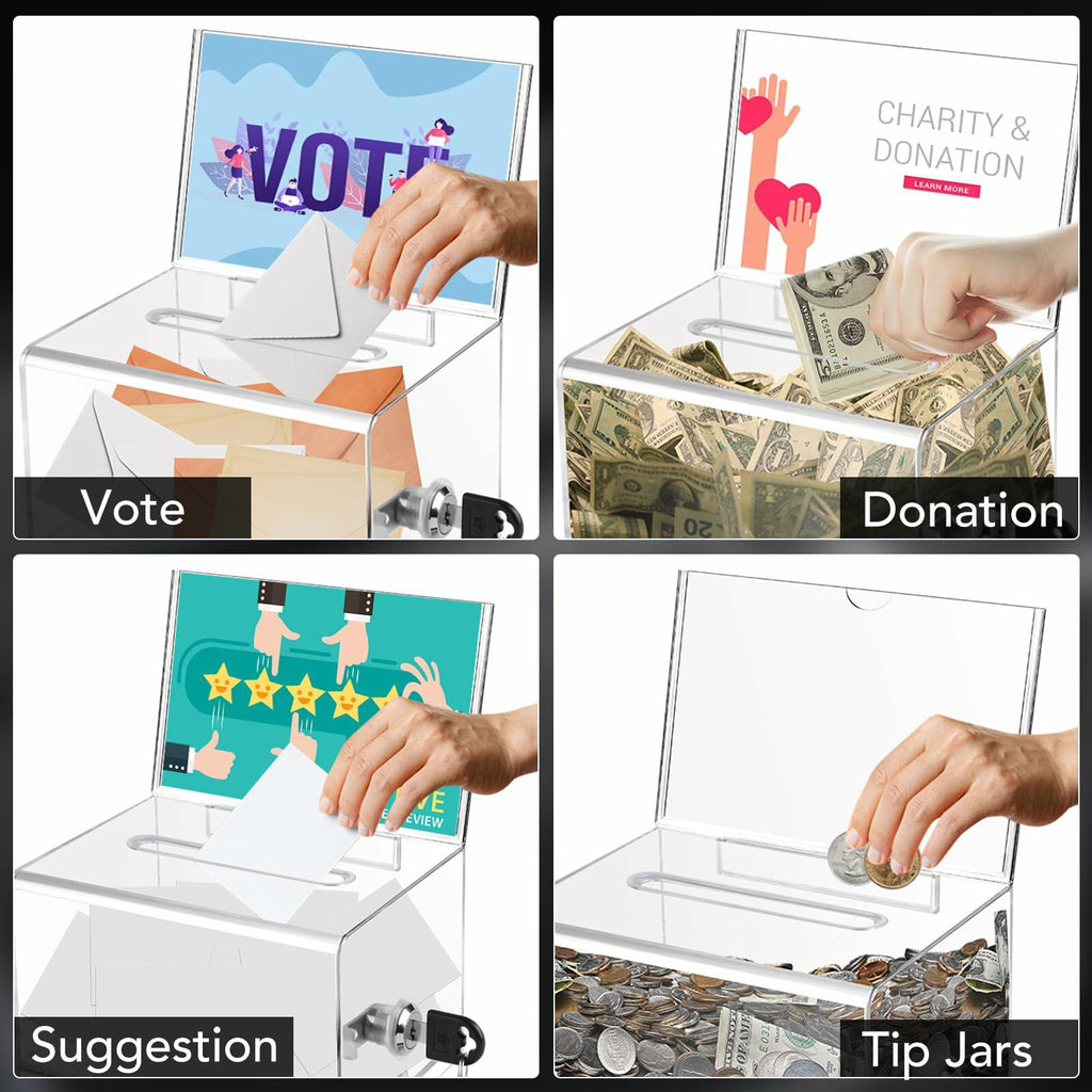 VOISEN Clear Donation Box with Lock,  6.2x4.6x3.9 Inch Ballot Box with Sign