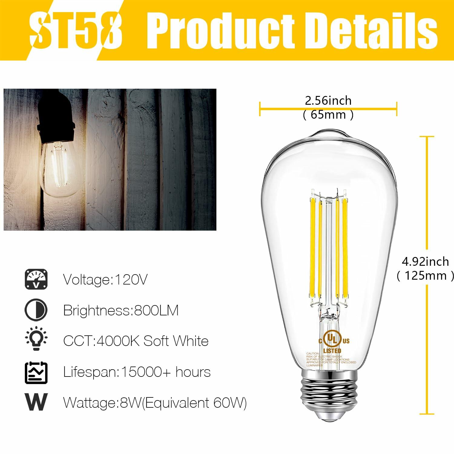 DAYBETTER 4 Pack Vintage LED Edison Bulbs, E26 Led Bulb 60W Equivalent, Dimmable