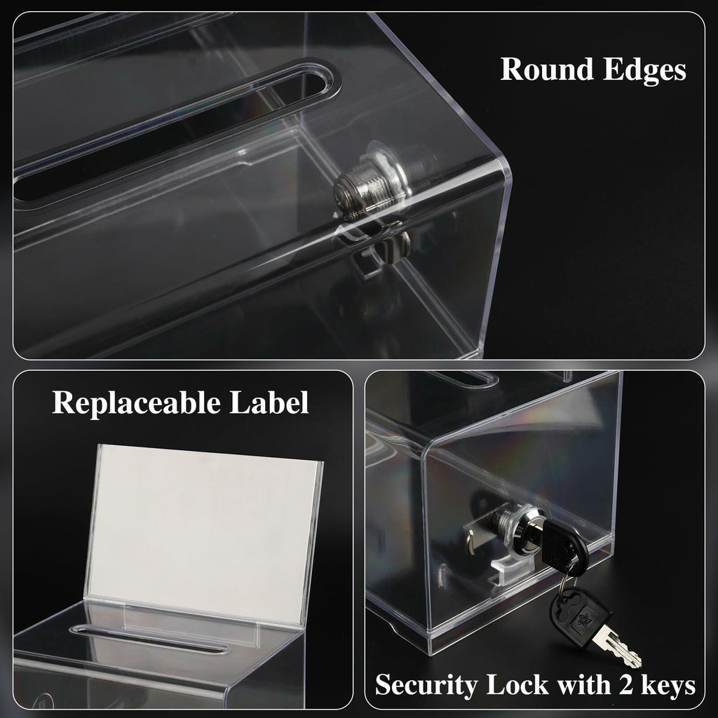 VOISEN Clear Donation Box with Lock,  6.2x4.6x3.9 Inch Ballot Box with Sign
