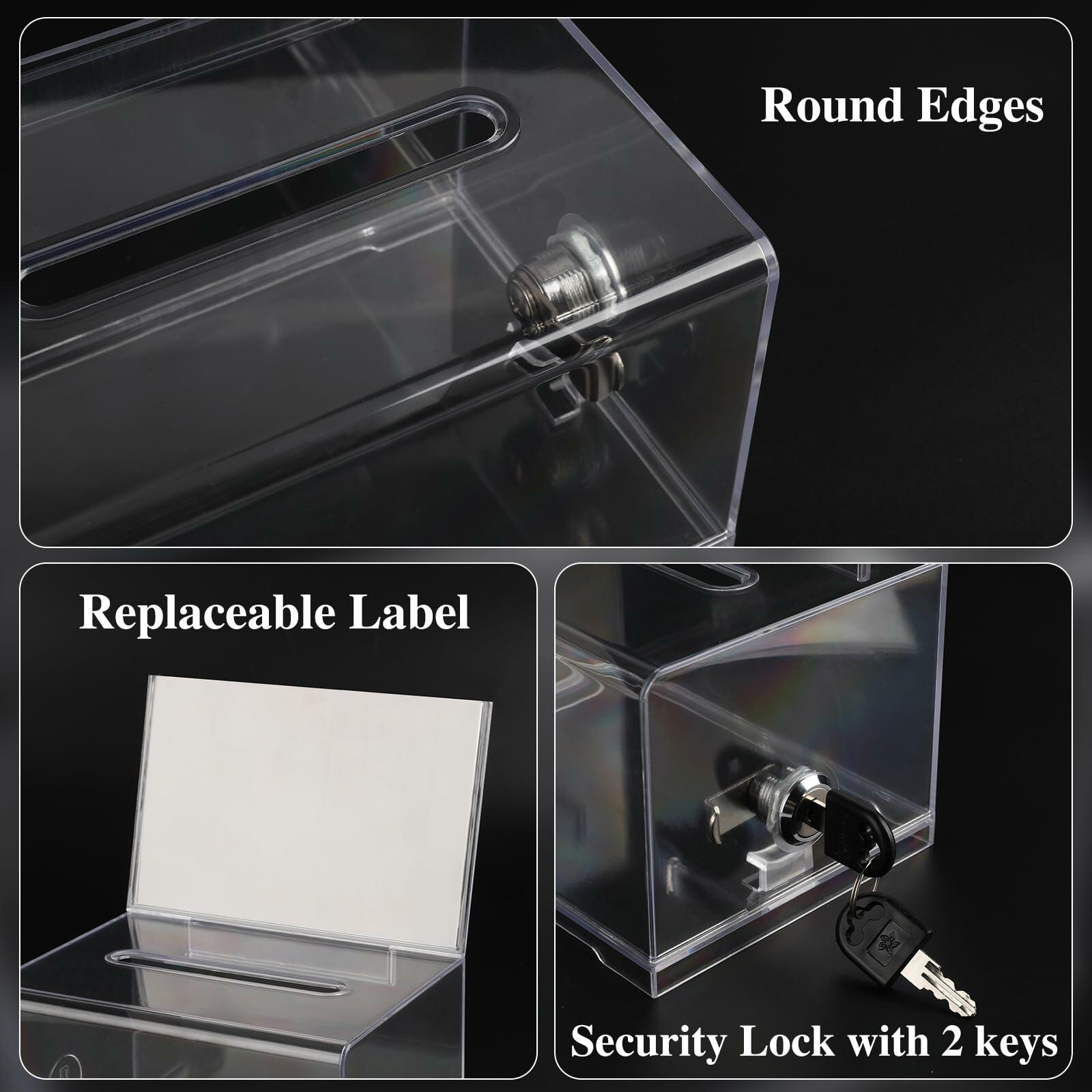 VOISEN Clear Donation Box with Lock,  6.2x4.6x3.9 Inch Ballot Box with Sign