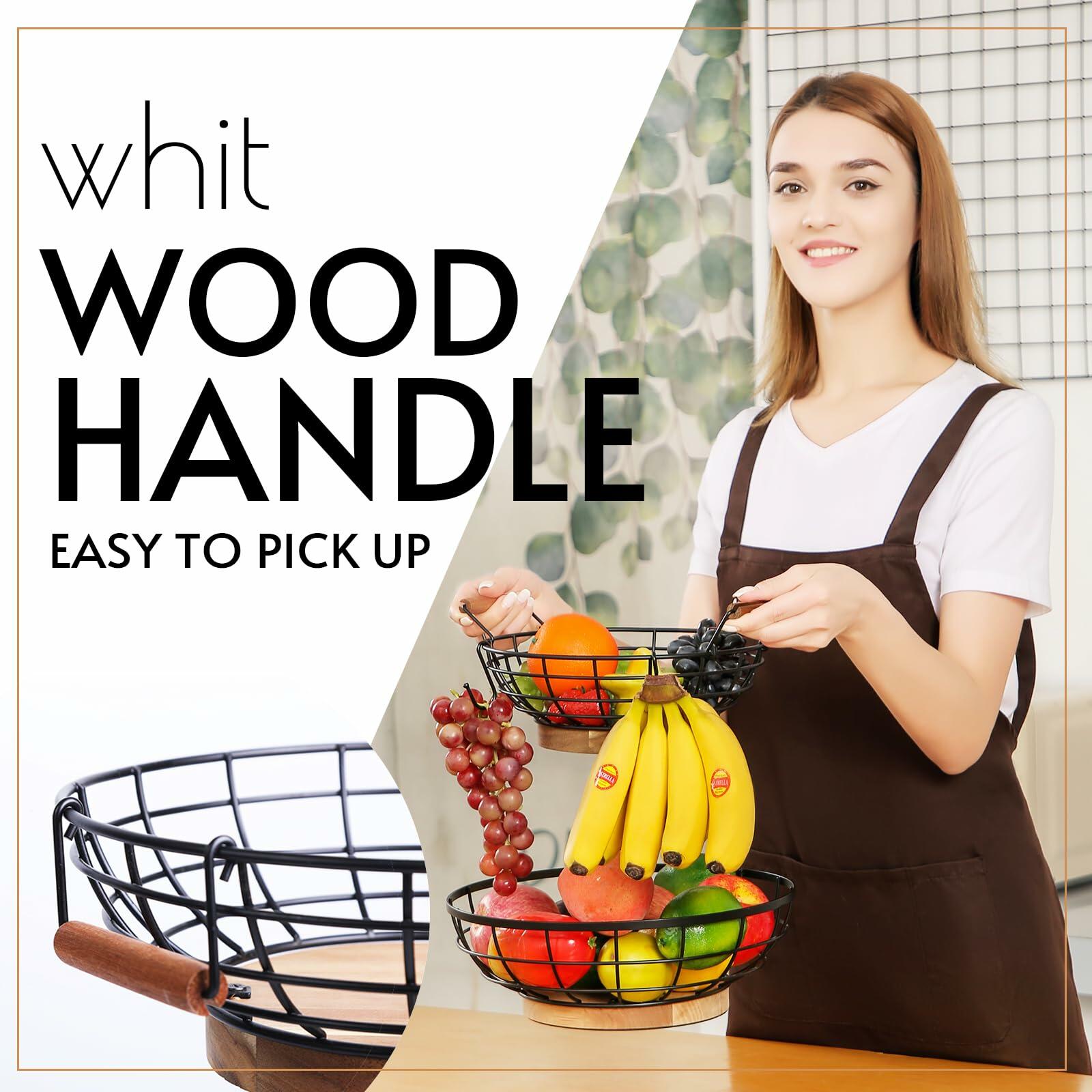 WILDMOS 2-tier Fruit Basket Bowl,Metal Basket with Wooden Base,Fruit and