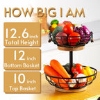 WILDMOS 2-tier Fruit Basket Bowl,Metal Basket with Wooden Base,Fruit and