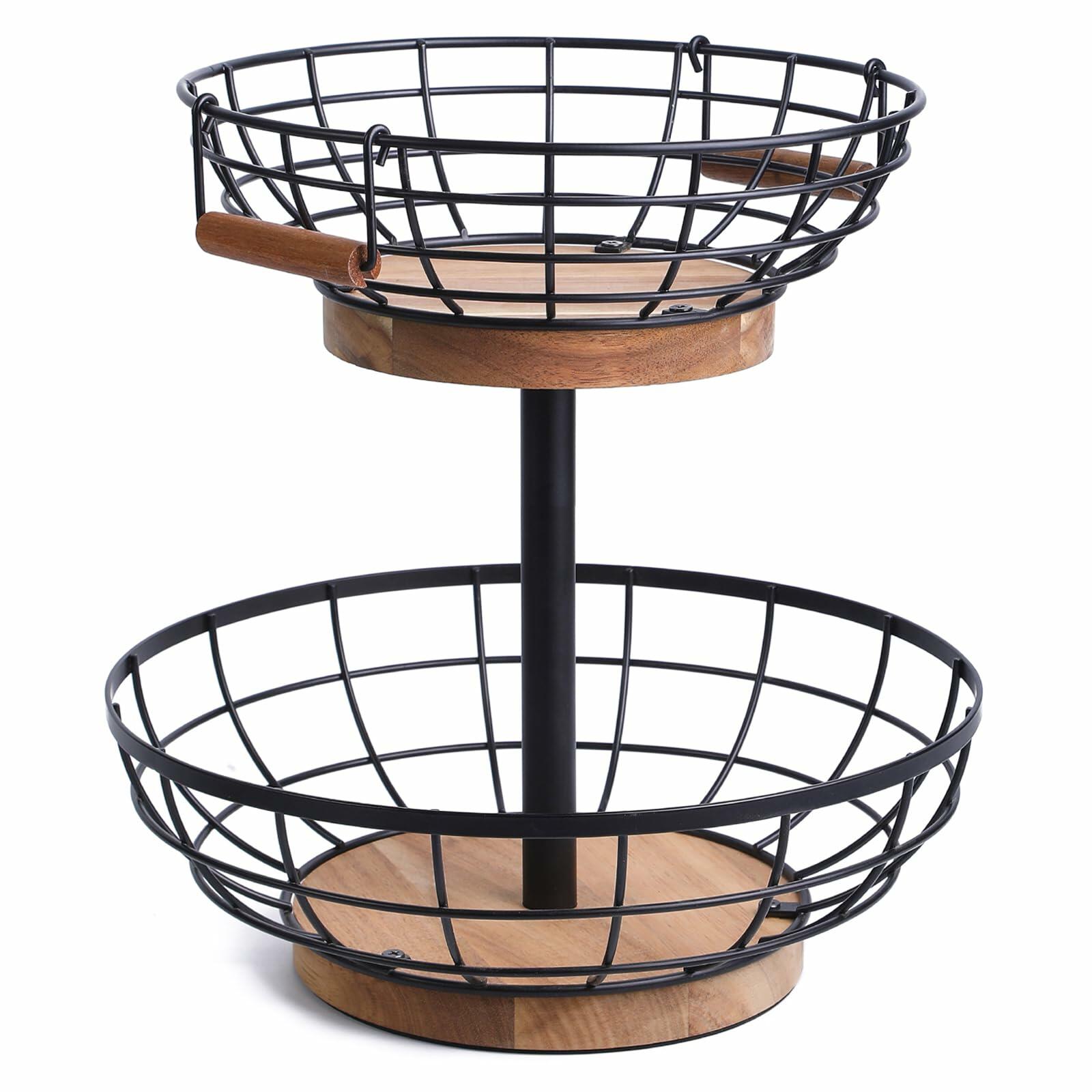 WILDMOS 2-tier Fruit Basket Bowl,Metal Basket with Wooden Base,Fruit and