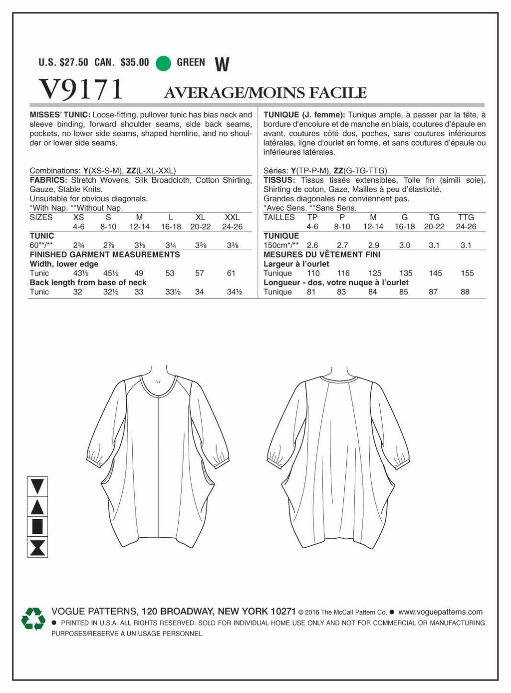 Vogue Patterns V9171 Misses' Side-Drape Tunic, Y (X-Small-Small-Medium)
