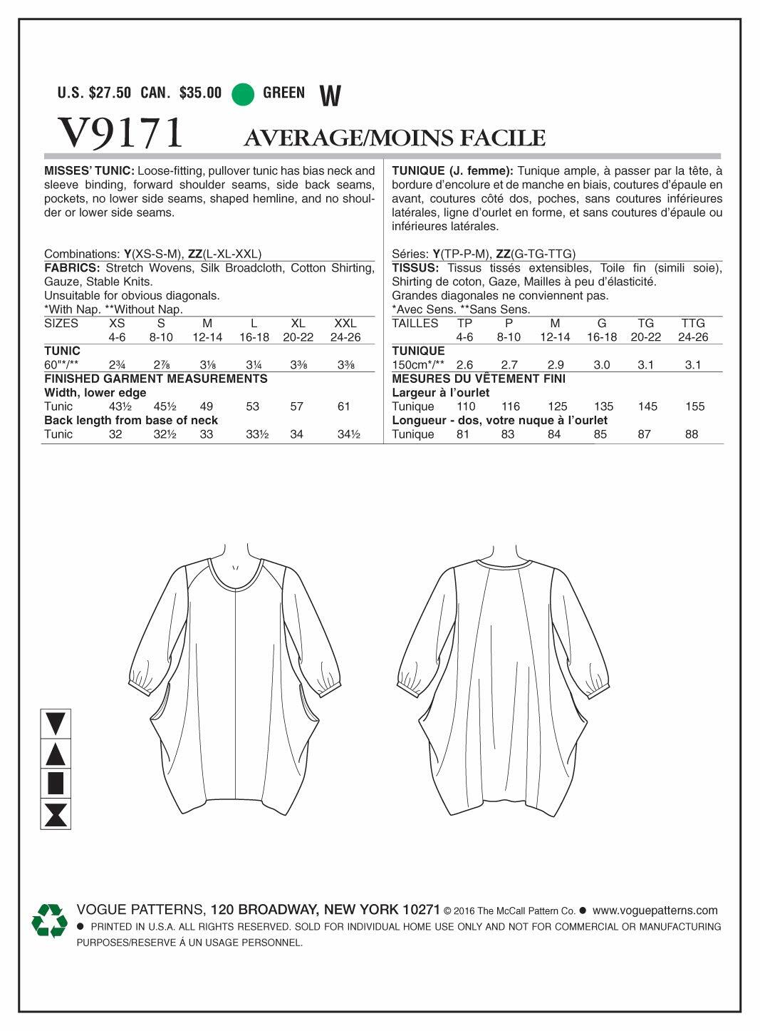 Vogue Patterns V9171 Misses' Side-Drape Tunic, Y (X-Small-Small-Medium)