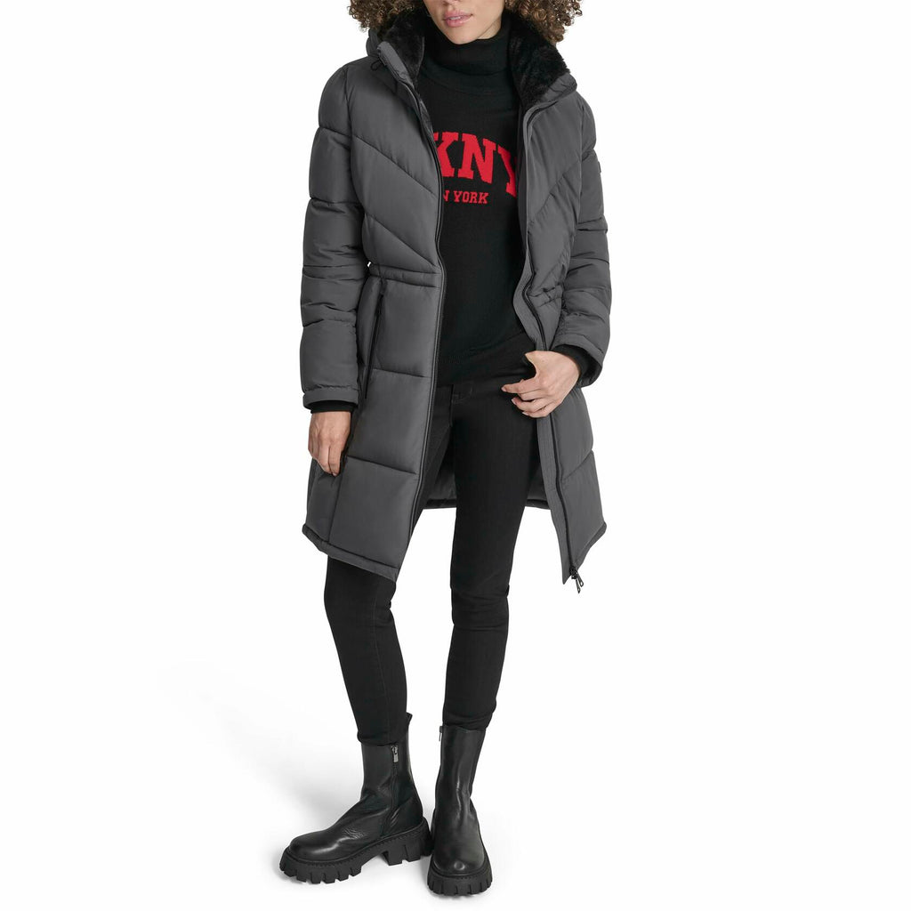 DKNY Women's Medium Walker-Length Puffer Coat with Hood and Adjustable Internal