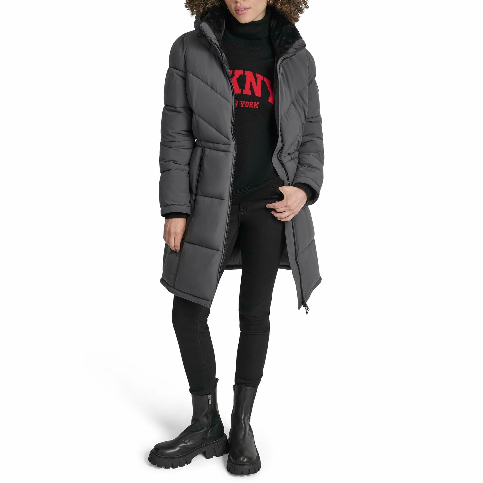 DKNY Women's Medium Walker-Length Puffer Coat with Hood and Adjustable Internal