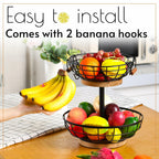 WILDMOS 2-tier Fruit Basket Bowl,Metal Basket with Wooden Base,Fruit and