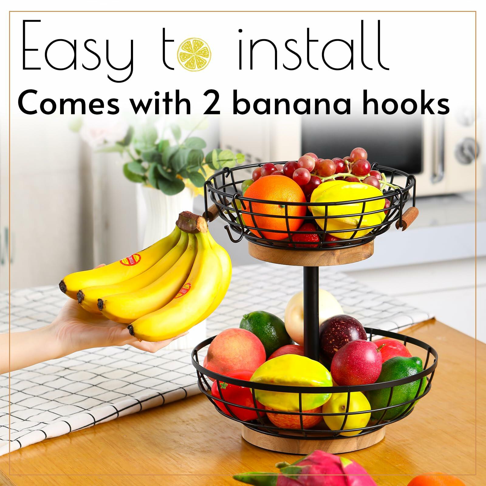 WILDMOS 2-tier Fruit Basket Bowl,Metal Basket with Wooden Base,Fruit and