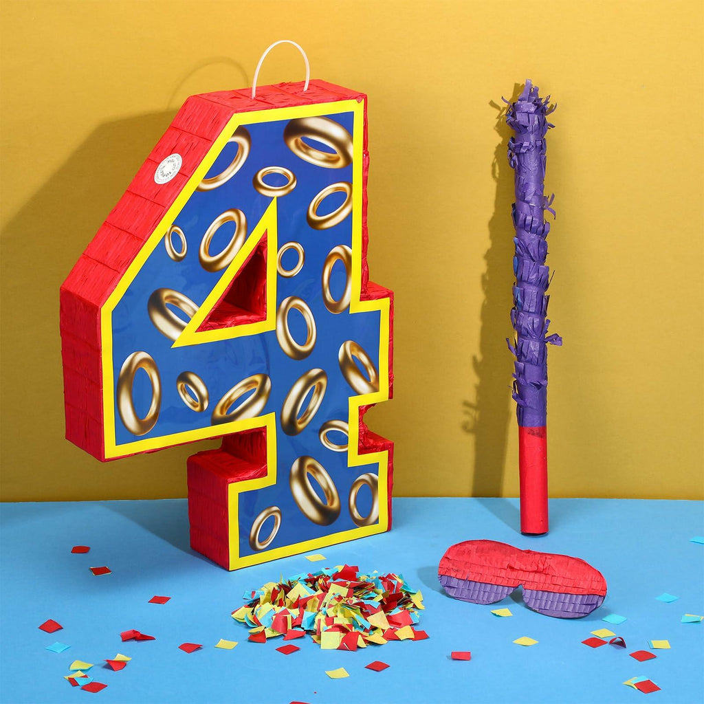 16 Inch Number 4 Blue and Golden Rings Pinata for Birthday Party Decorations,