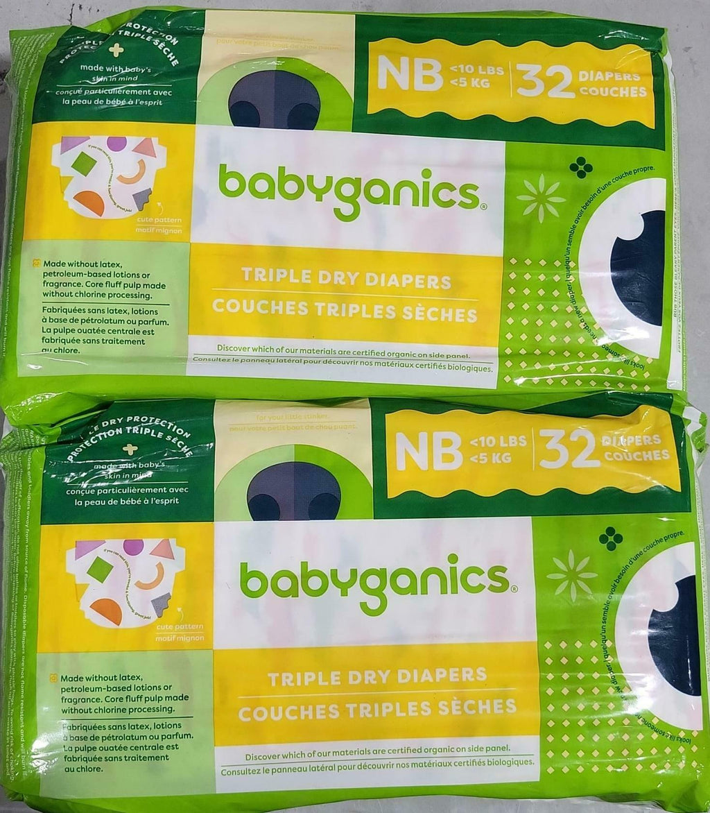 64 Count Babyganics Diapers, Size NB (18-14 lbs) Ultra Absorbent, Unscented,