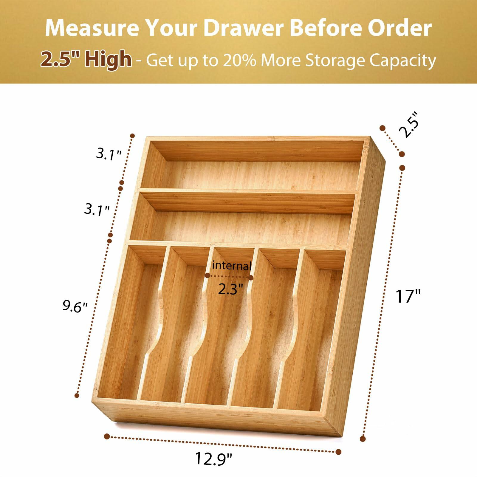 Umilife Bamboo Kitchen Drawer Organizer, 13 Inch Silverware Utensil Tray Holder,