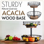 WILDMOS 2-tier Fruit Basket Bowl,Metal Basket with Wooden Base,Fruit and