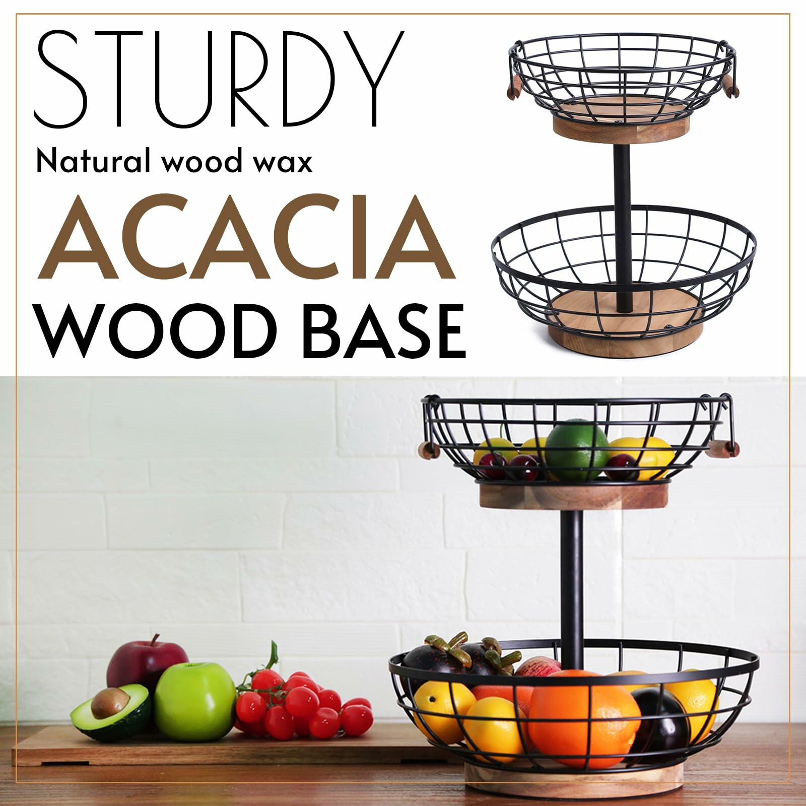 WILDMOS 2-tier Fruit Basket Bowl,Metal Basket with Wooden Base,Fruit and
