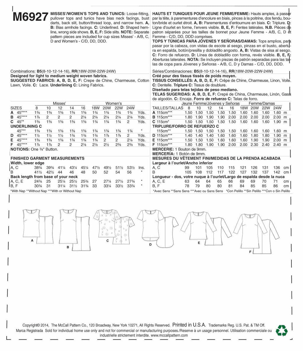 McCall Pattern Company M6927 Misses/Womens Tops and Tunics, Size RR