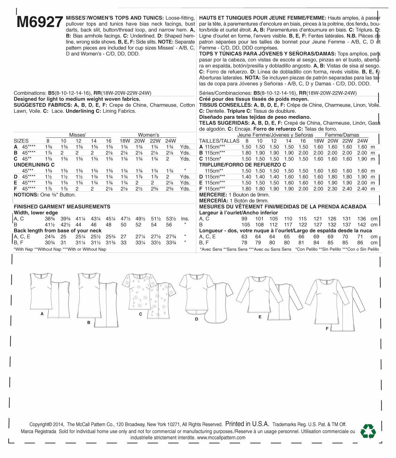McCall Pattern Company M6927 Misses/Womens Tops and Tunics, Size RR