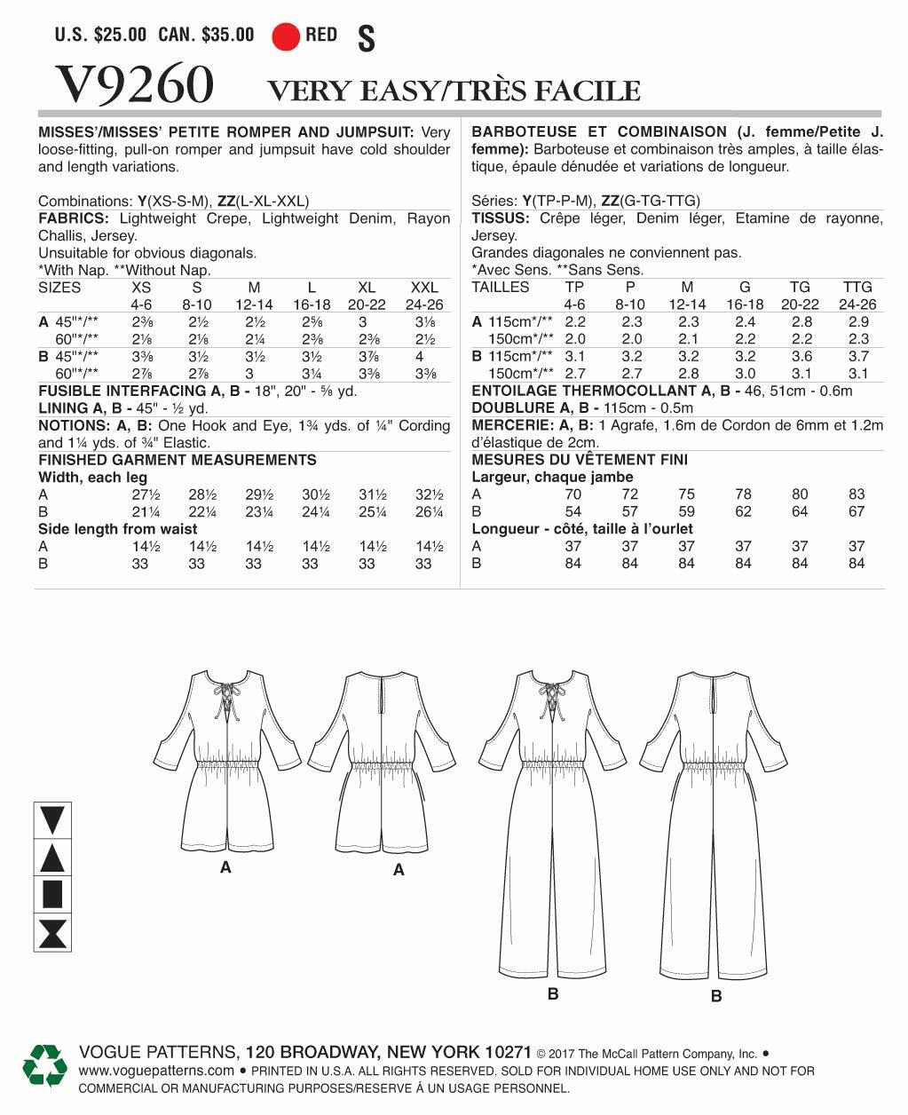 Vogue Patterns V9260 Misses' Romper and Jumpsuit with Cold Shoulder and Lace-Up