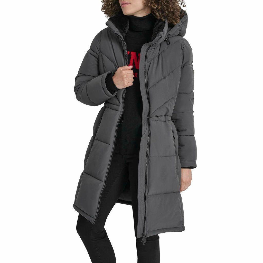 DKNY Women's Medium Walker-Length Puffer Coat with Hood and Adjustable Internal