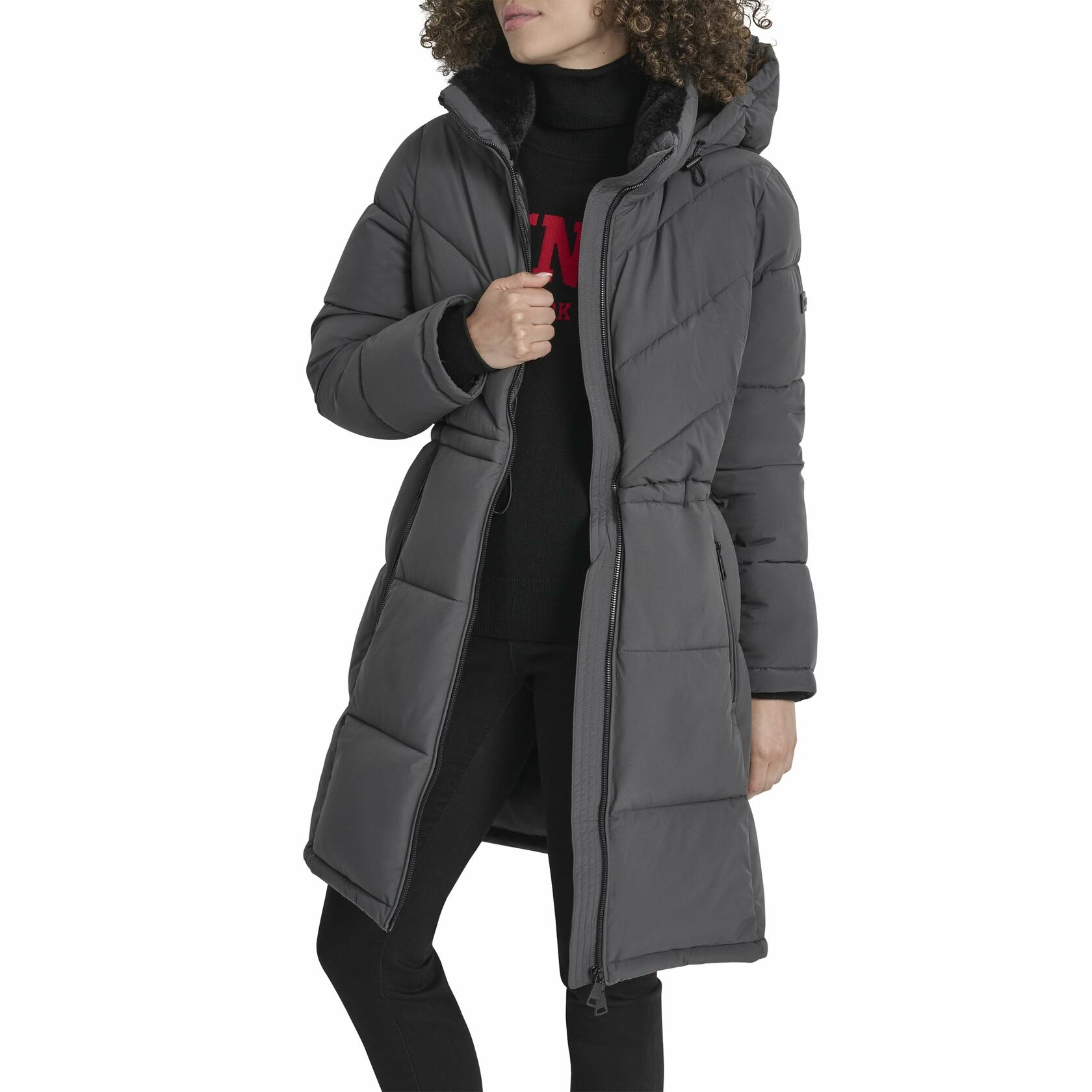 DKNY Women's Medium Walker-Length Puffer Coat with Hood and Adjustable Internal