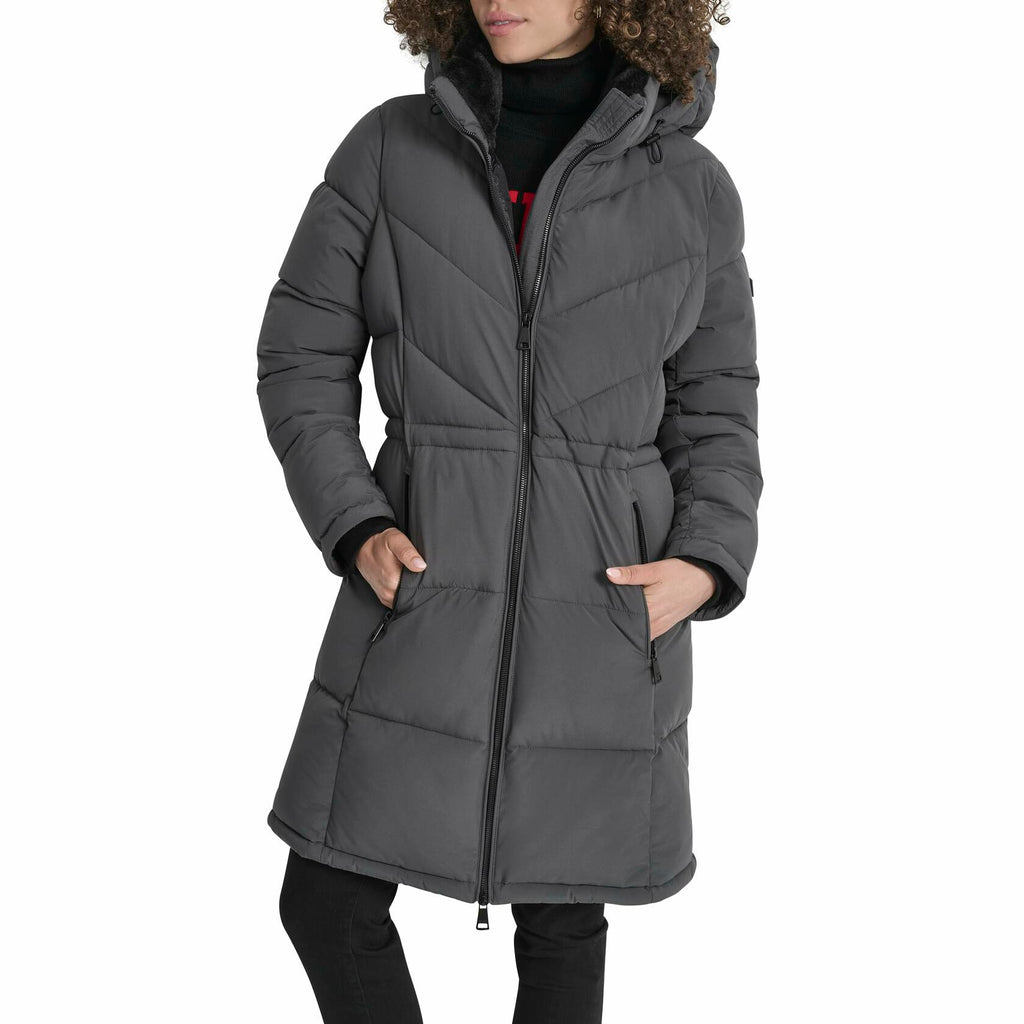 DKNY Women's Medium Walker-Length Puffer Coat with Hood and Adjustable Internal