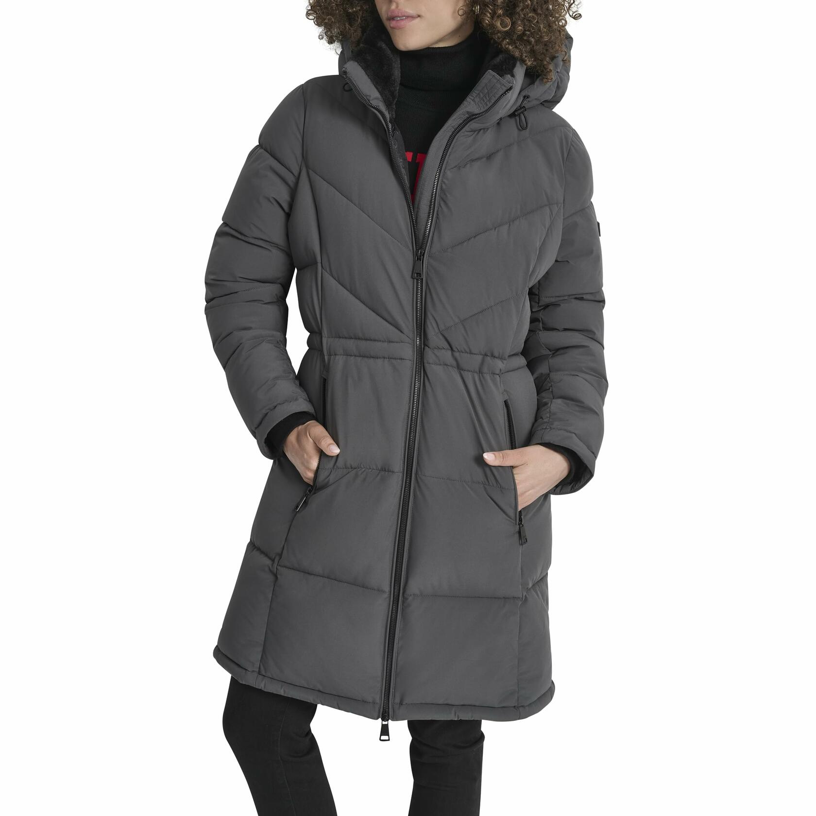 DKNY Women's Medium Walker-Length Puffer Coat with Hood and Adjustable Internal