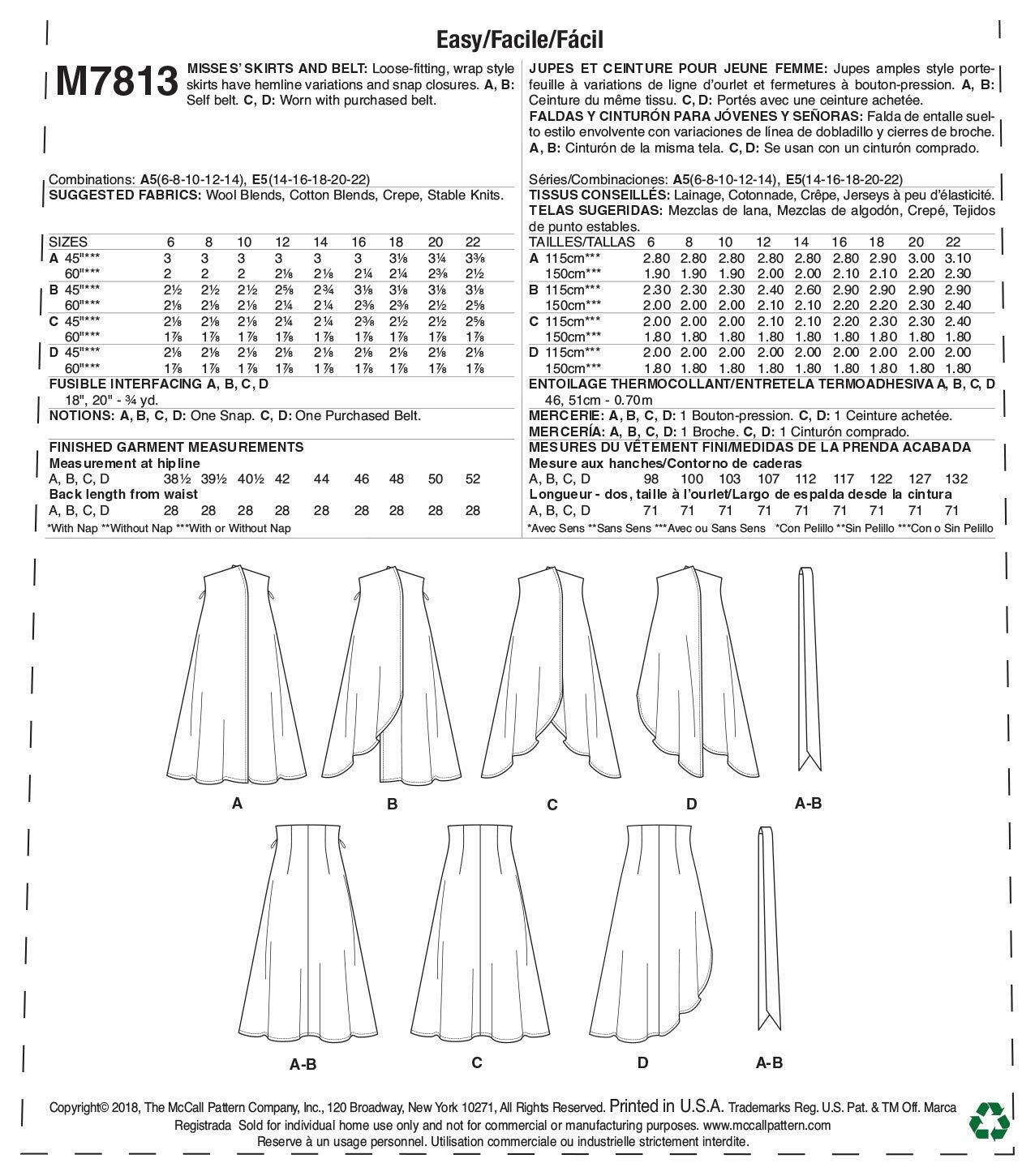 McCall's M7813A5 Women's Shin Length Wrap Skirt Sewing Patterns, Sizes 6-14