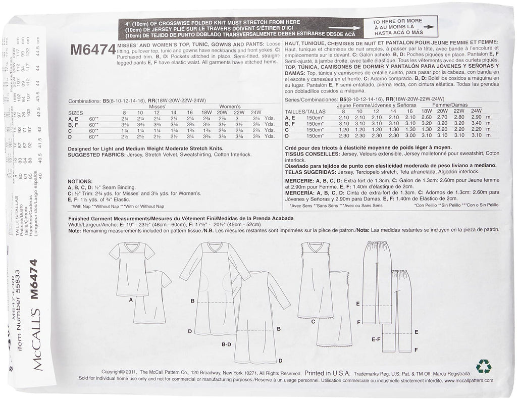 McCall's Patterns M6474 Misses'/Women's Top, Tunic, Gowns and Pants, Size RR